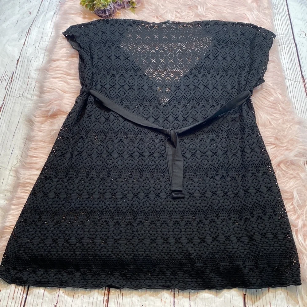 BECCA Swimwear Mesh Short Sleeve Swim Coverup Dress Black sz M-L